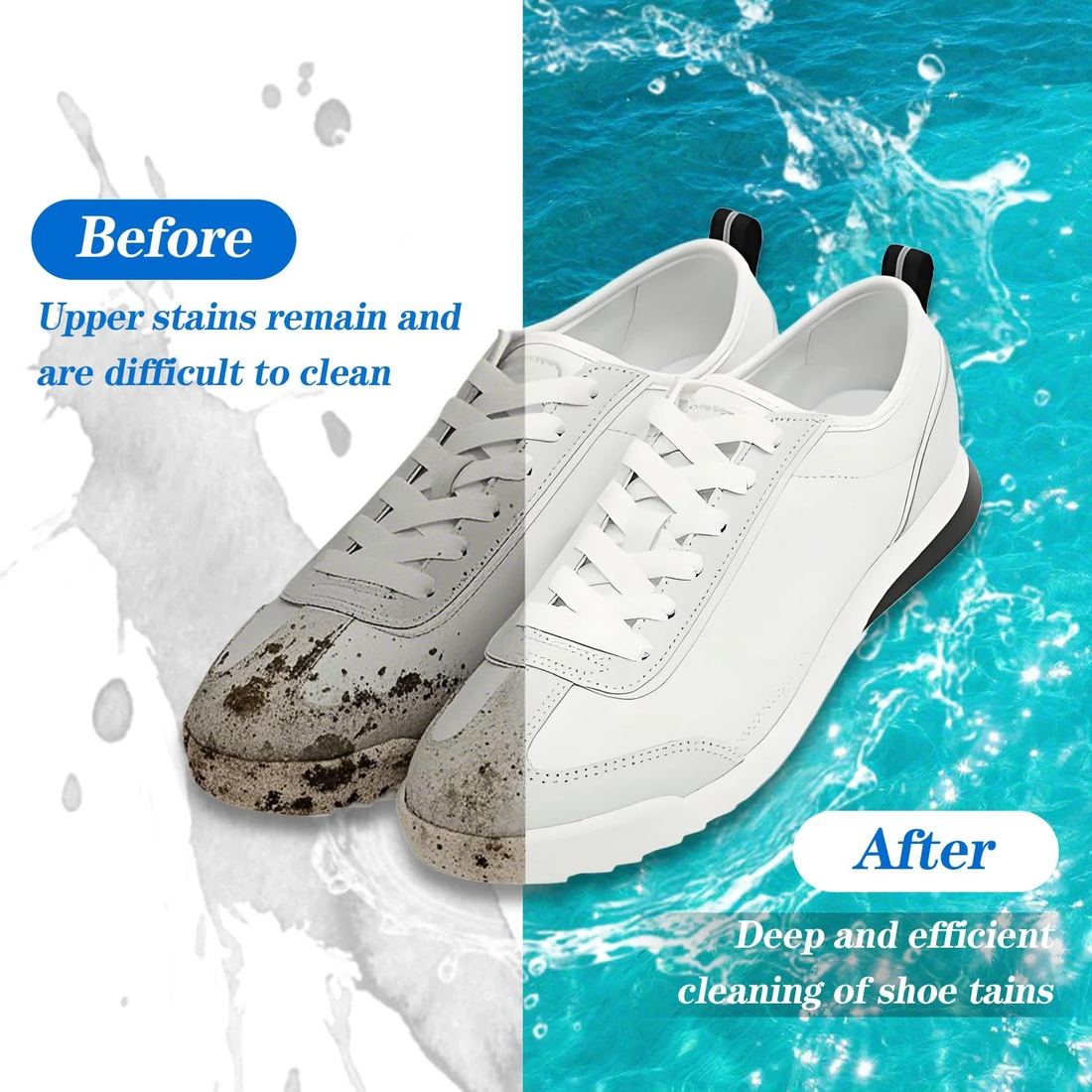 Before and after comparison showing a stained white sneaker restored to clean