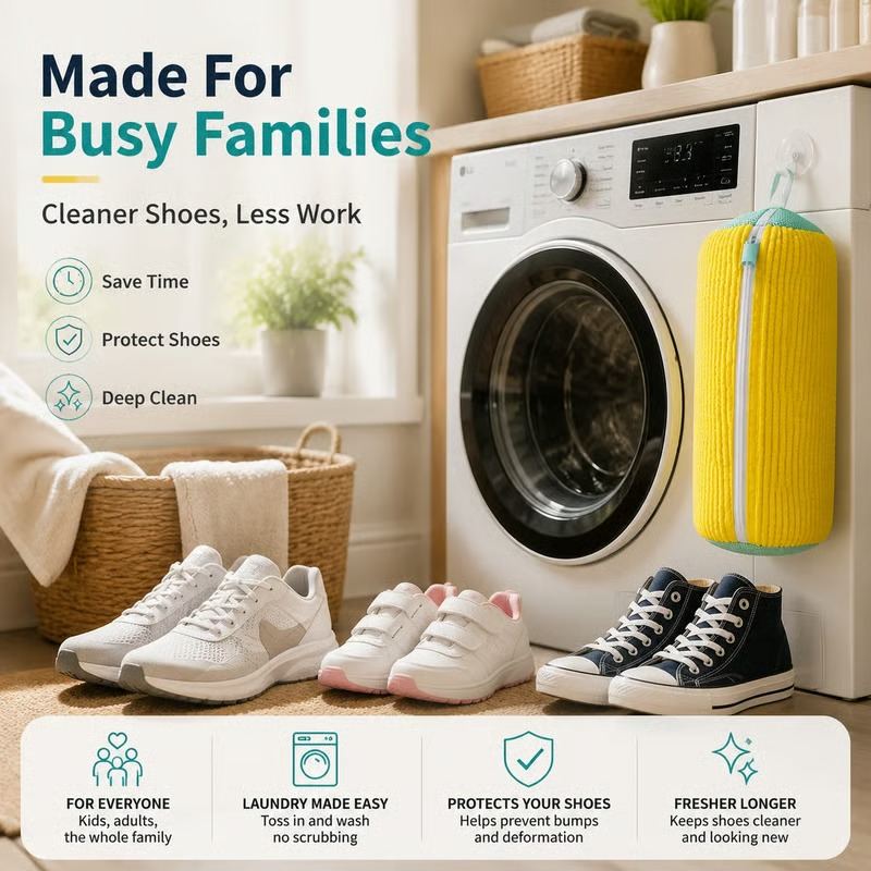 A shoe wash bag hanging by a washing machine, with several pairs of family shoes nearby, ready to be washed