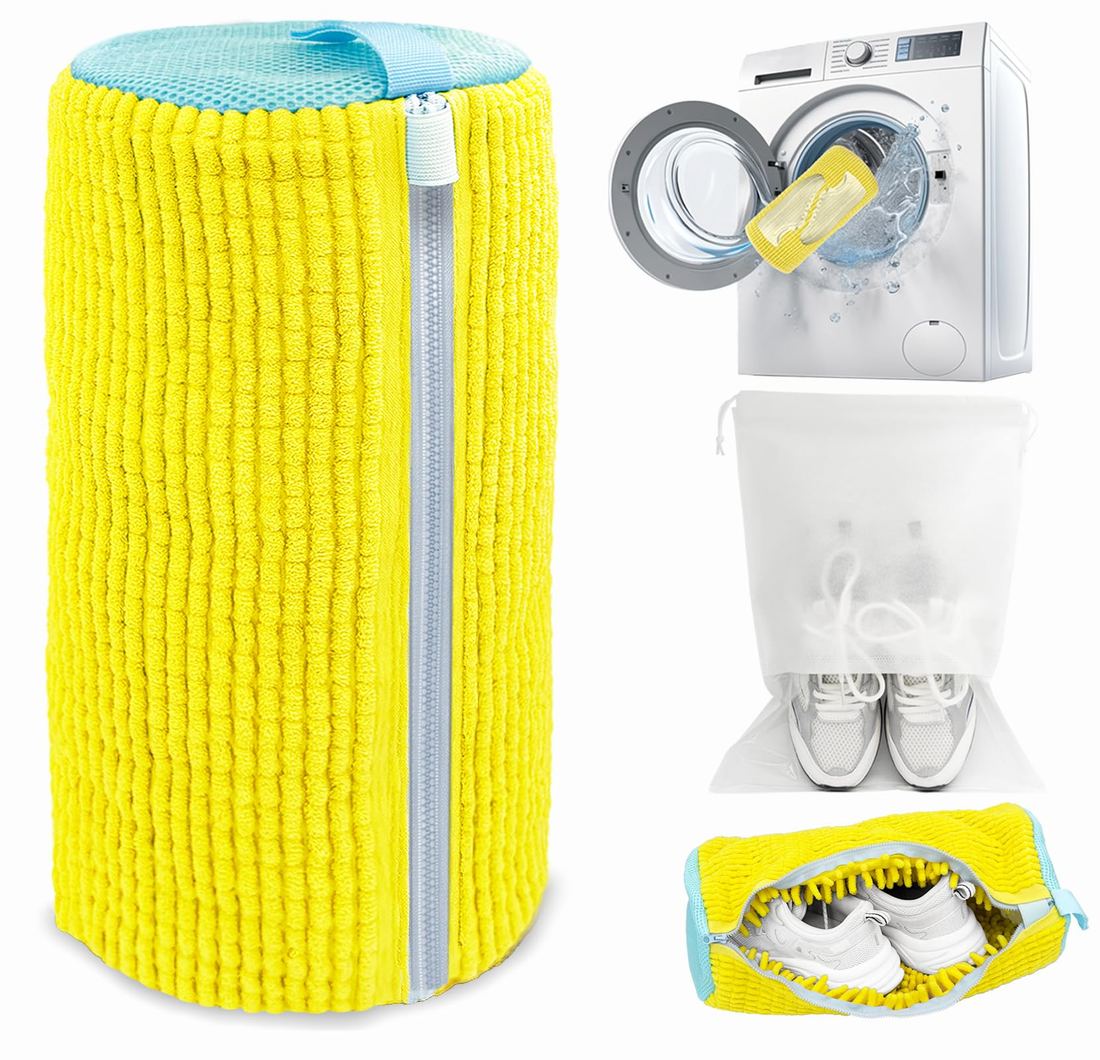 Reusable shoe wash bag with a sneaker being loaded, and the bag going into a washing machine
