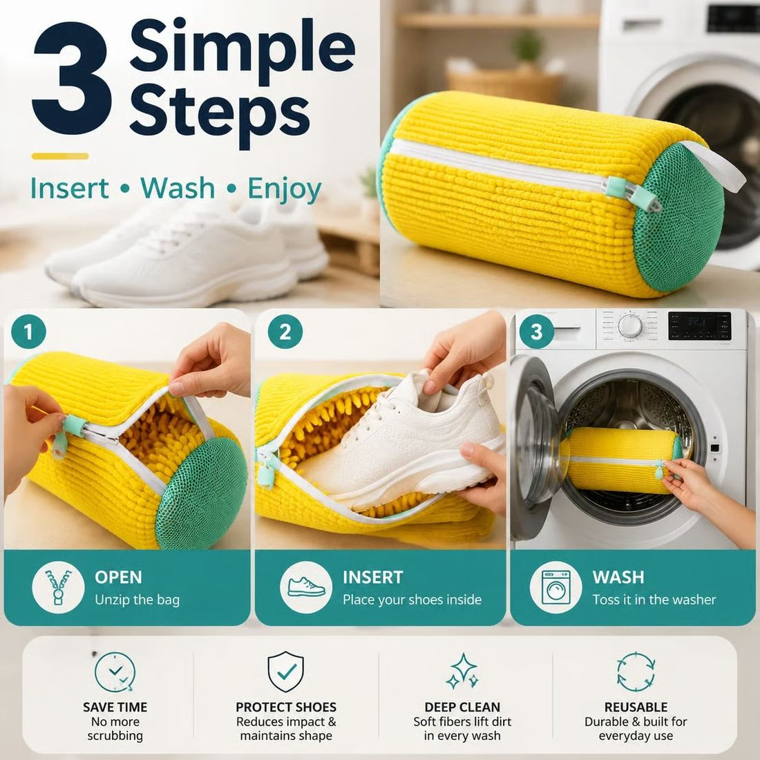 Three simple steps: open the zipper, insert your shoes, then wash in the machine