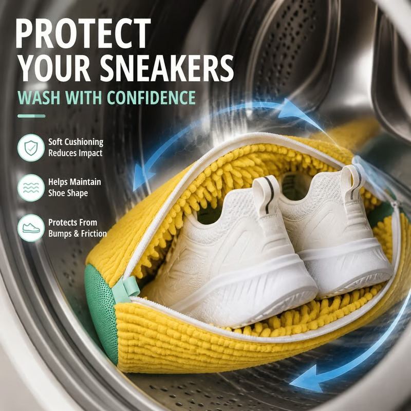 Shoe wash bag with sneakers inside, shown through the glass door of a washing machine drum