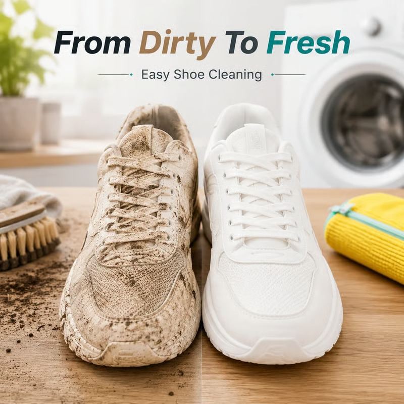 A muddy sneaker next to a clean white sneaker after washing in the bag